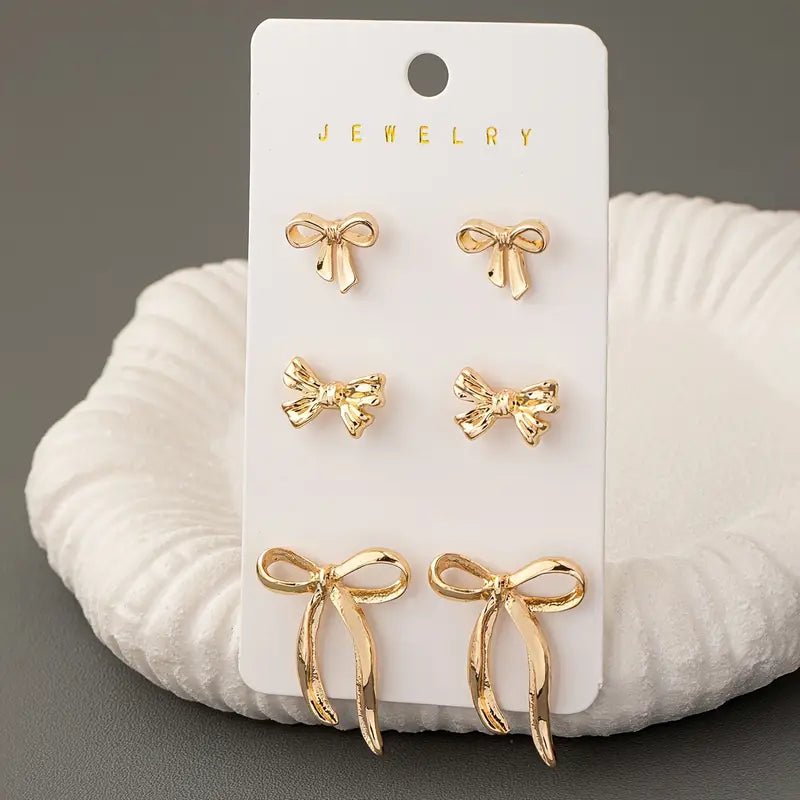 3 Pairs Golden Bow Stud Earrings Set - 260 Broadway Boutique
