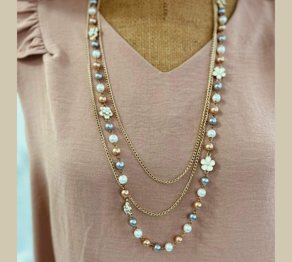 3 Strand Flower/Pearl Necklace Earring SET - 260 Broadway Boutique