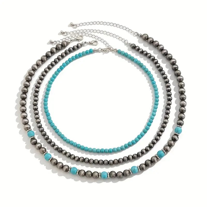 3pcs Western Turquoise Mixed Beaded Necklaces - 260 Broadway Boutique