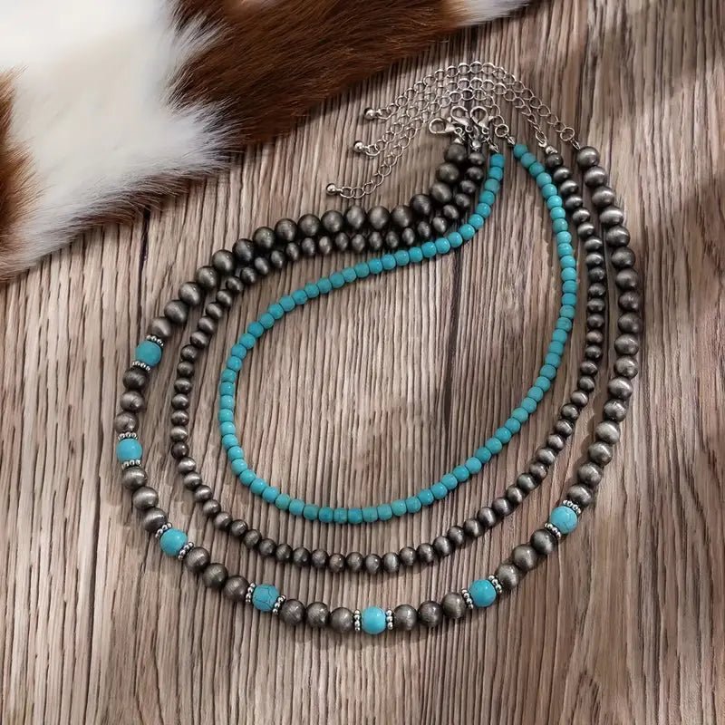 3pcs Western Turquoise Mixed Beaded Necklaces - 260 Broadway Boutique