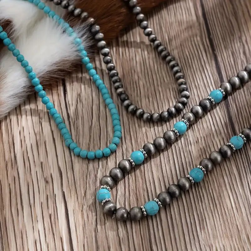 3pcs Western Turquoise Mixed Beaded Necklaces - 260 Broadway Boutique