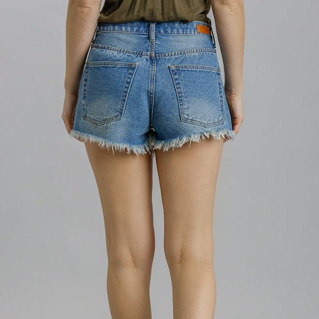 5 Pockets Non - Stretch Denim Shorts with Unfinished Hem - 260 Broadway Boutique