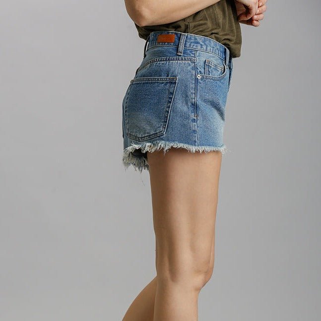 5 Pockets Non - Stretch Denim Shorts with Unfinished Hem - 260 Broadway Boutique