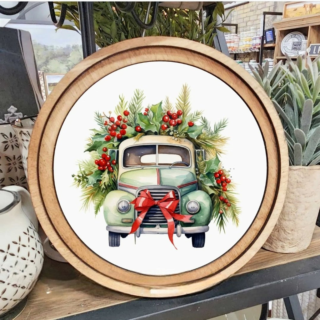 8" Round Christmas Green Truck Art - 260 Broadway Boutique