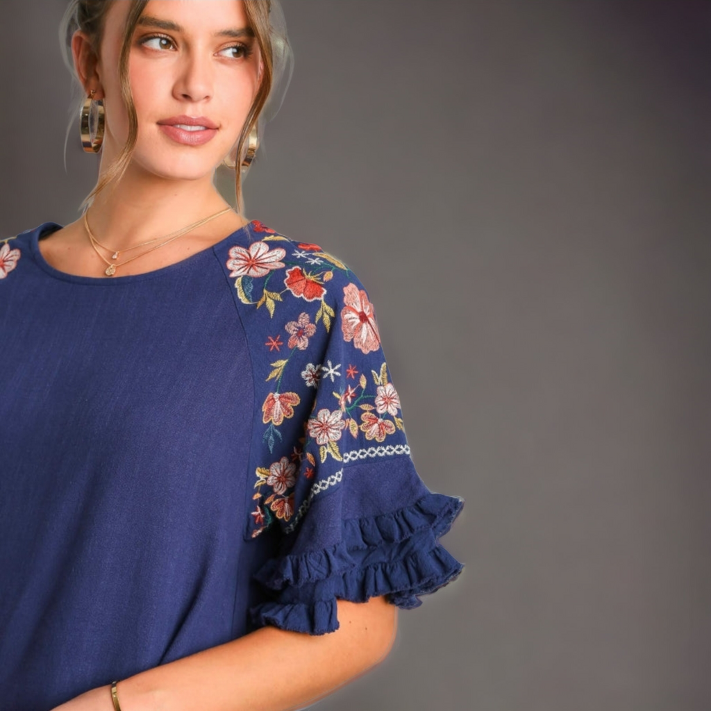 Linen Blend Top with Embroidery Bell Sleeve & Unfinished Frayed Hem 