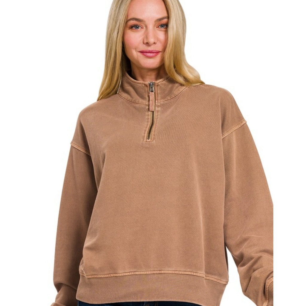 Acid Washed Half Zipper Pullover (4 Colors) - 260 Broadway Boutique