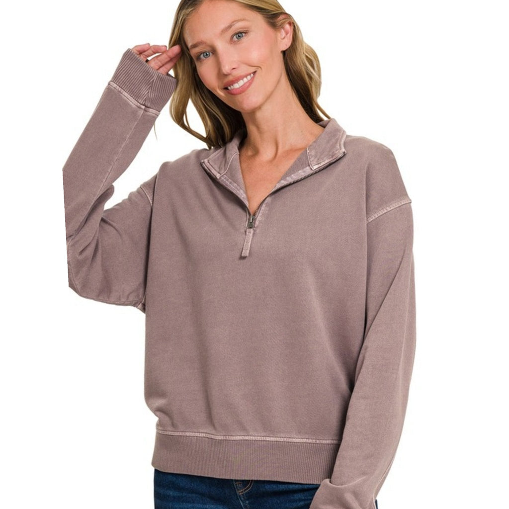 Acid Washed Half Zipper Pullover (4 Colors) - 260 Broadway Boutique