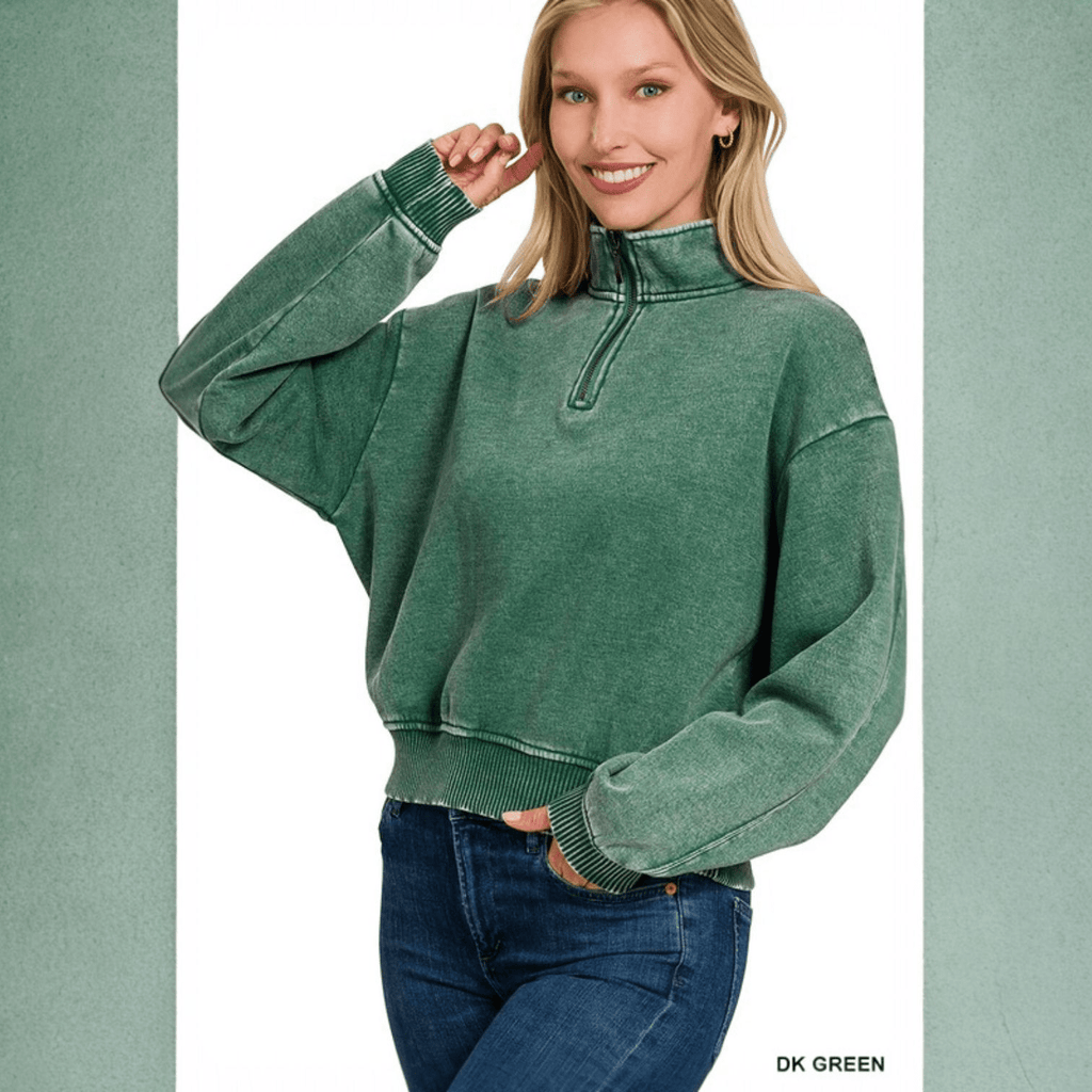 Acid Washed Half Zipper Pullover (5 Colors) - 260 Broadway Boutique