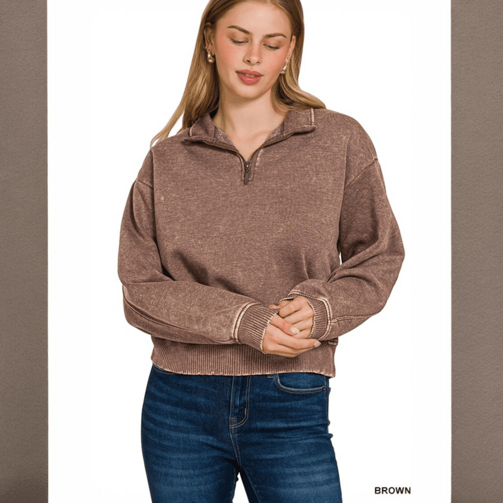 Acid Washed Half Zipper Pullover (5 Colors) - 260 Broadway Boutique