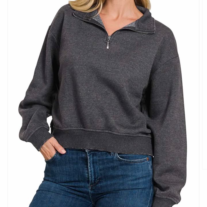 Acid Washed Half Zipper Pullover (5 Colors) - 260 Broadway Boutique