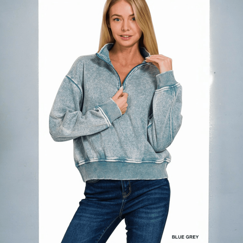 Acid Washed Half Zipper Pullover (5 Colors) - 260 Broadway Boutique