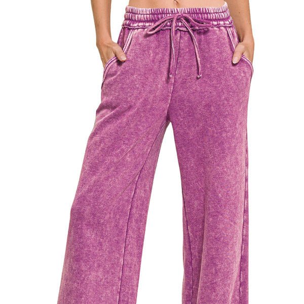 Acid Washed Palazzo Sweatpants w/Pockets (Multiple Colors Available) - 260 Broadway Boutique