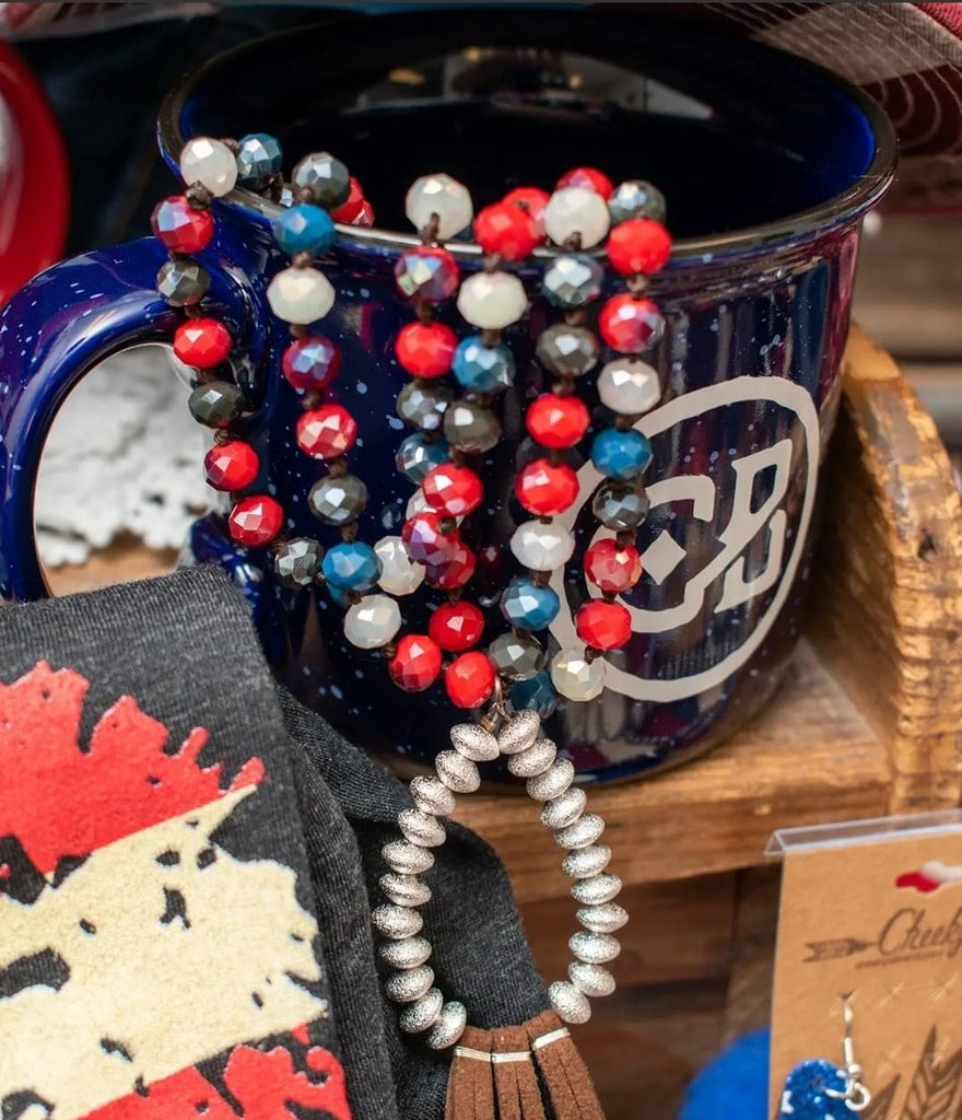 Adley Sparkling Red, White, and Blue Beads with Brown Leather Fringe Necklace & Earrings - 260 Broadway Boutique