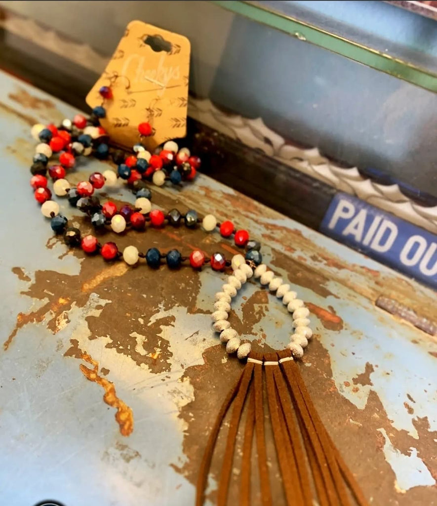 Adley Sparkling Red, White, and Blue Beads with Brown Leather Fringe Necklace & Earrings - 260 Broadway Boutique