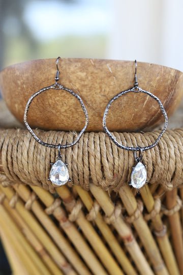 Antique Silver Hammered Hoop Earrings w/Bling Drop - 260 Broadway Boutique