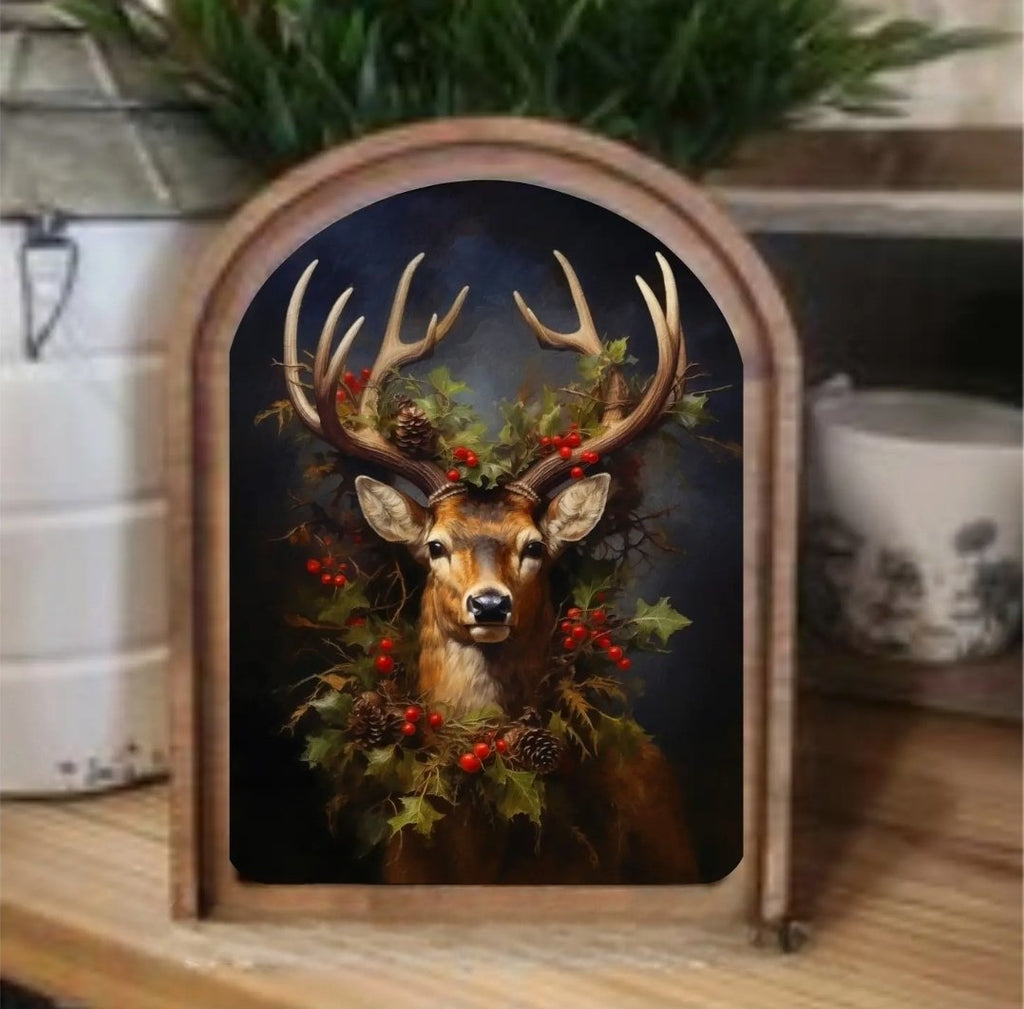 Arch Top Reindeer Wreath Framed Art - 260 Broadway Boutique