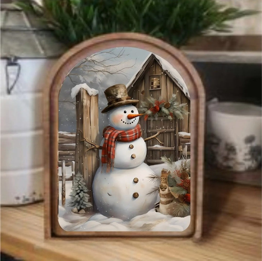 Arch Top Rustic Snowman Framed Art - 260 Broadway Boutique