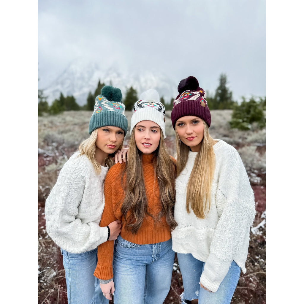 Aztec Patterned Faux Fur Pom C.C Beanie (multiple colors) - 260 Broadway Boutique