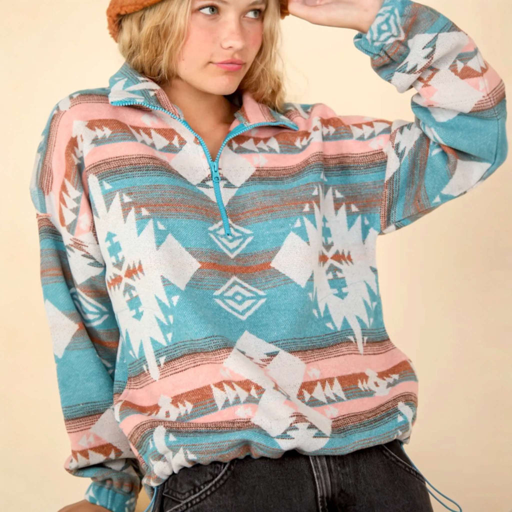 Aztec Print Woven Pullover - 260 Broadway Boutique