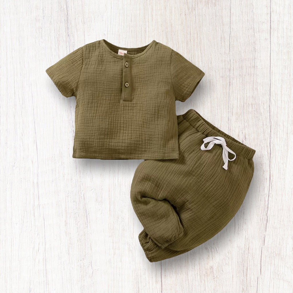 Baby Olive Linen Shirt and Pants Set - 260 Broadway Boutique