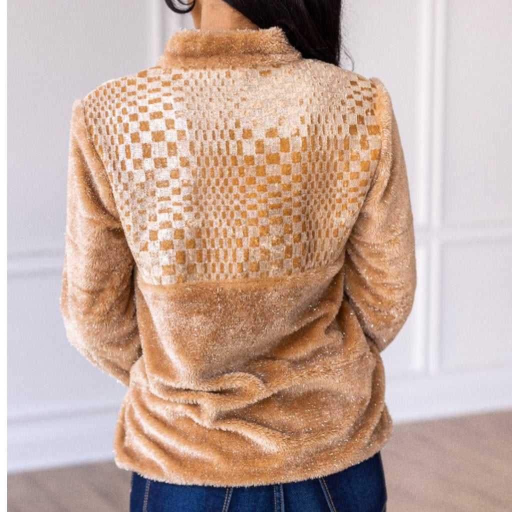 Beige Checkered Half Zipper Pullover - 260 Broadway Boutique