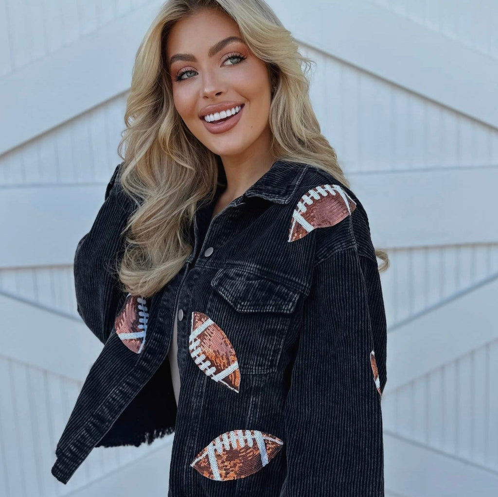 Black Corduroy Sequin Football Cropped Jacket - 260 Broadway Boutique