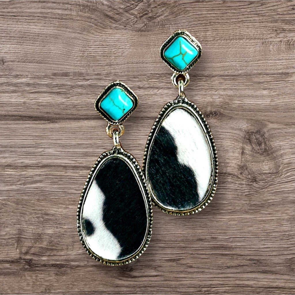 Black Cow Print Turquoise Earrings - 260 Broadway Boutique