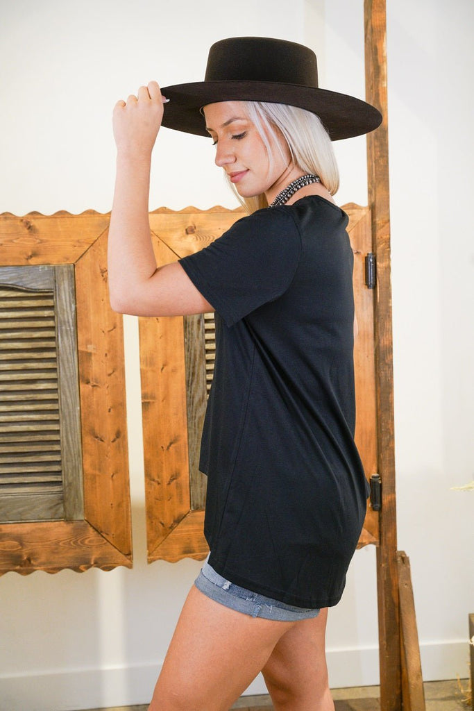 Black Crewneck Short Sleeve Top with Hi/Low Hem - 260 Broadway Boutique