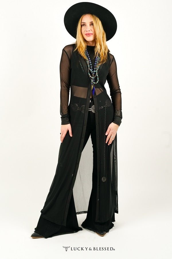 Black Mesh Button Down Maxi Duster - 260 Broadway Boutique