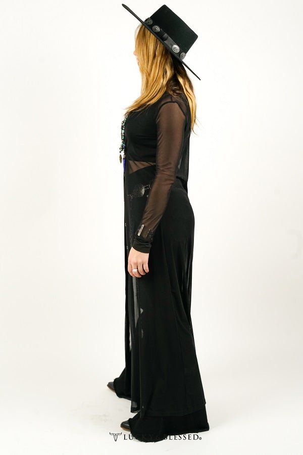 Black Mesh Button Down Maxi Duster - 260 Broadway Boutique