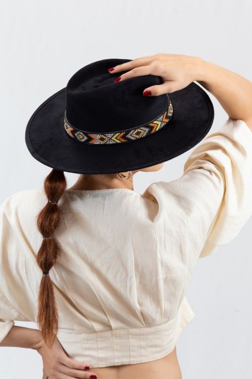 Black Suede Fedora w/Aztec Beaded Band - 260 Broadway Boutique