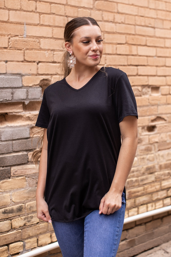 Black V - Neck Top W Curved Side Slit Hem - 260 Broadway Boutique