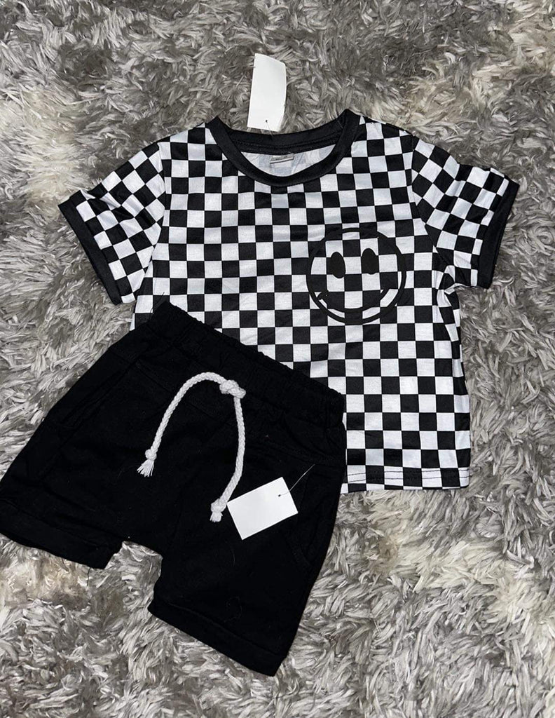 Black & white checkered crewneck w/ puff smiley & Black Shorts (sold separately) - 260 Broadway Boutique