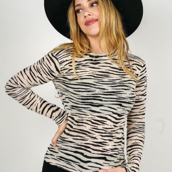 Black White Zebra Long Sleeve Mesh Top - 260 Broadway Boutique