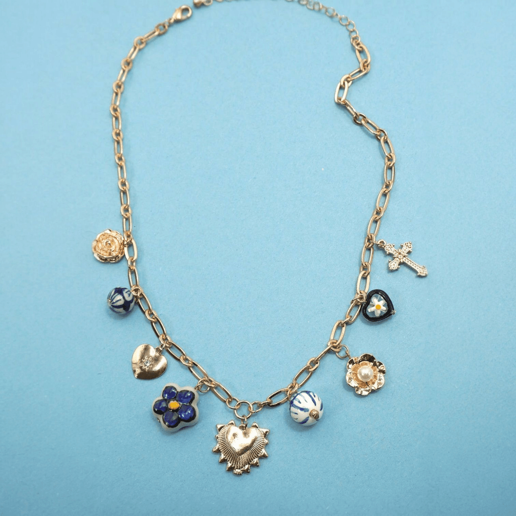 Blue Ceramic Porcelain Heart Cross Charm Necklace - 260 Broadway Boutique