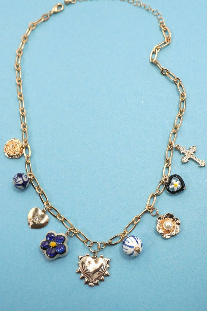 Blue Ceramic Porcelain Heart Cross Charm Necklace - 260 Broadway Boutique
