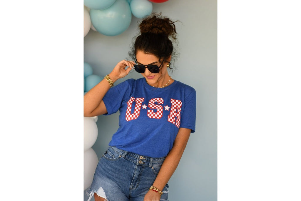 Blue Checkered USA TeeScreen - 260 Broadway Boutique