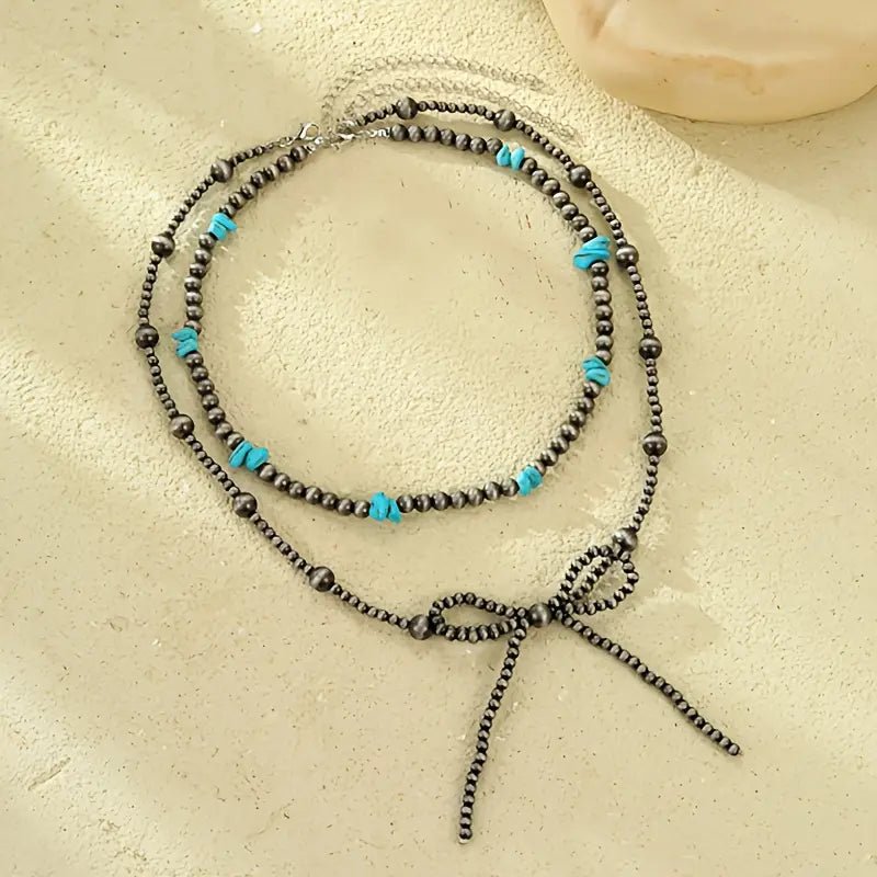 Boho - Chic Double Layer Beaded Necklace with Turquoise Accents - 260 Broadway Boutique