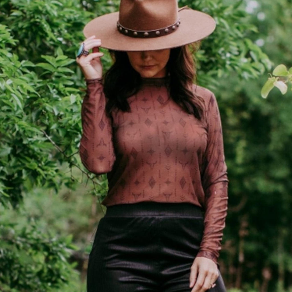 Brown Aztec Mesh Top - 260 Broadway Boutique