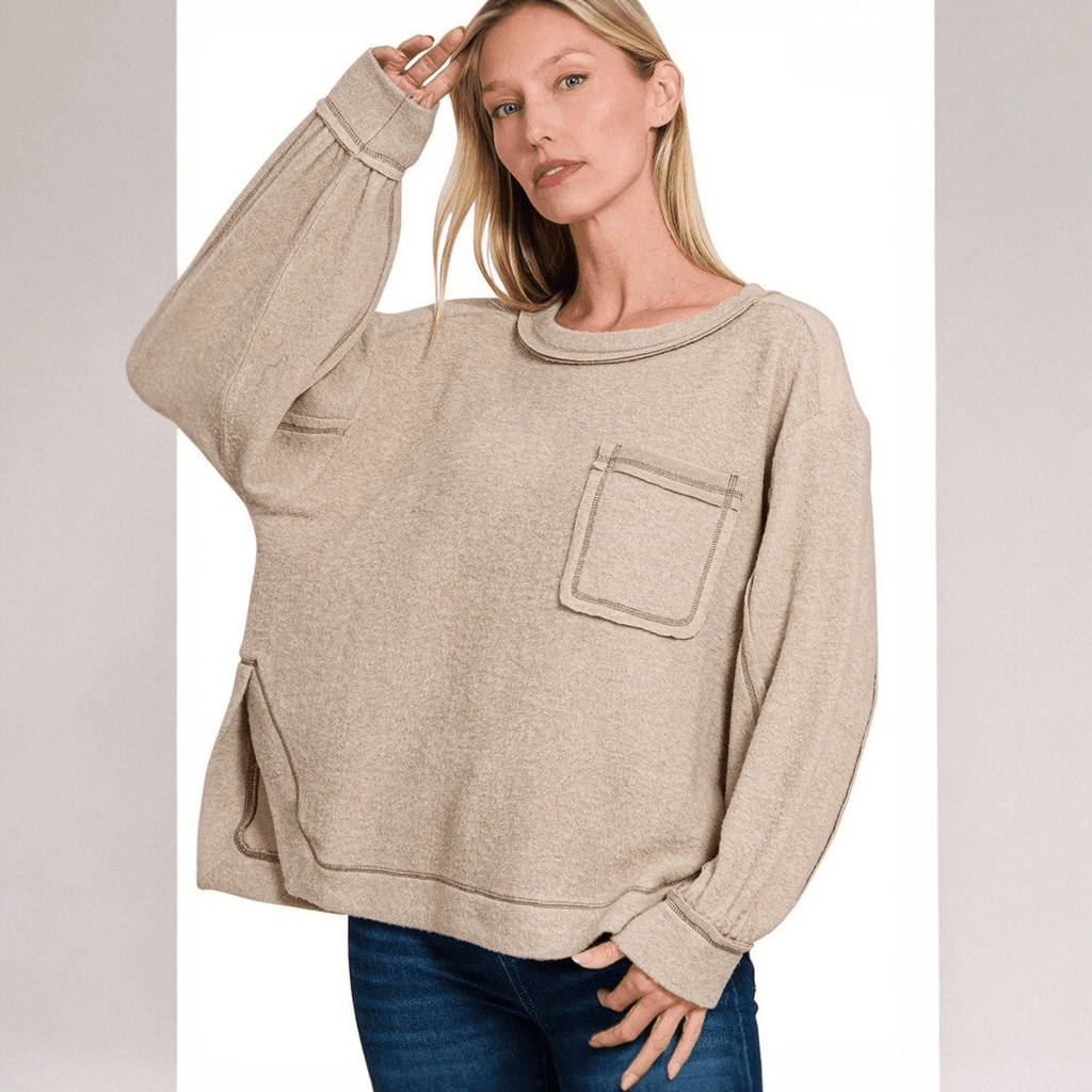 Brushed Hacci Hi - low Round Neck Sweater - 260 Broadway Boutique