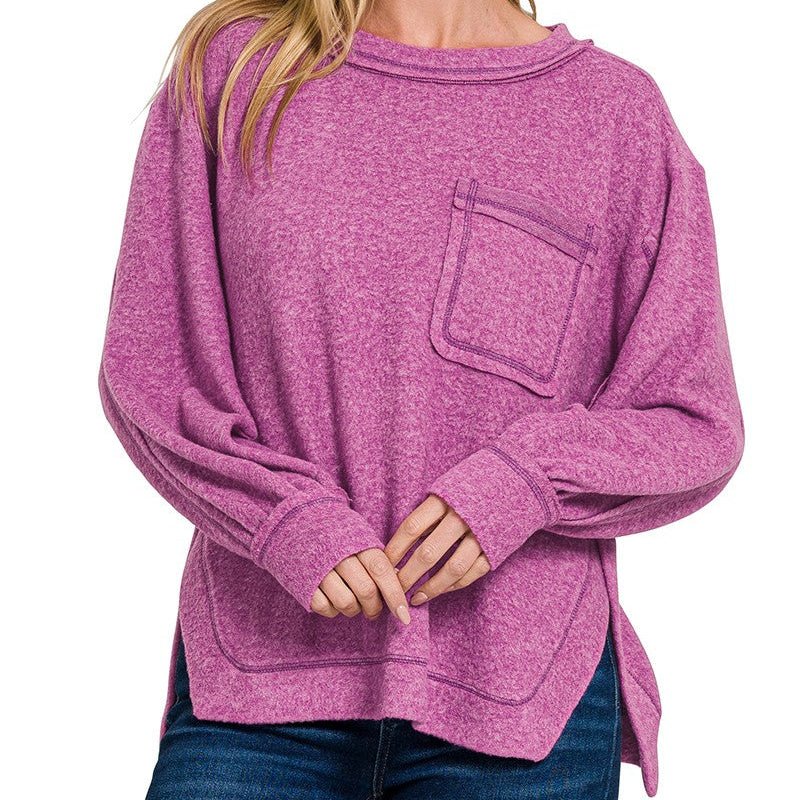 Brushed Hacci Hi - low Round Neck Sweater (mulitple colors) - 260 Broadway Boutique