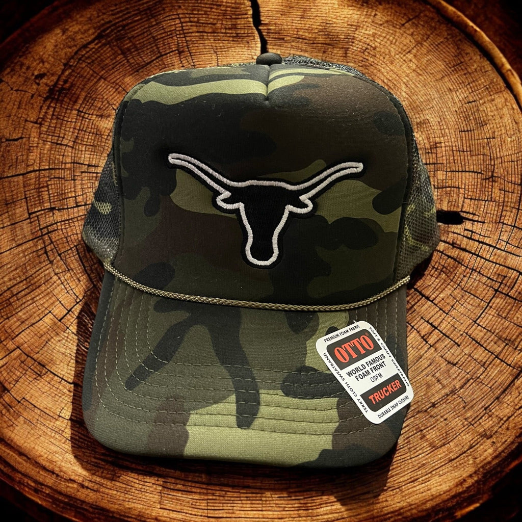 Camo Trucker - Stitched Black & White Longhorn - 260 Broadway Boutique