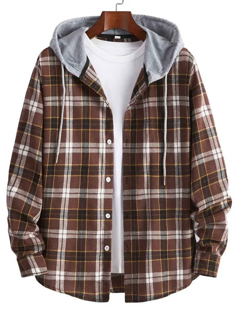 Casual Plaid Pattern Men's Long Sleeve Hooded Shirt (2 Colors) - 260 Broadway Boutique