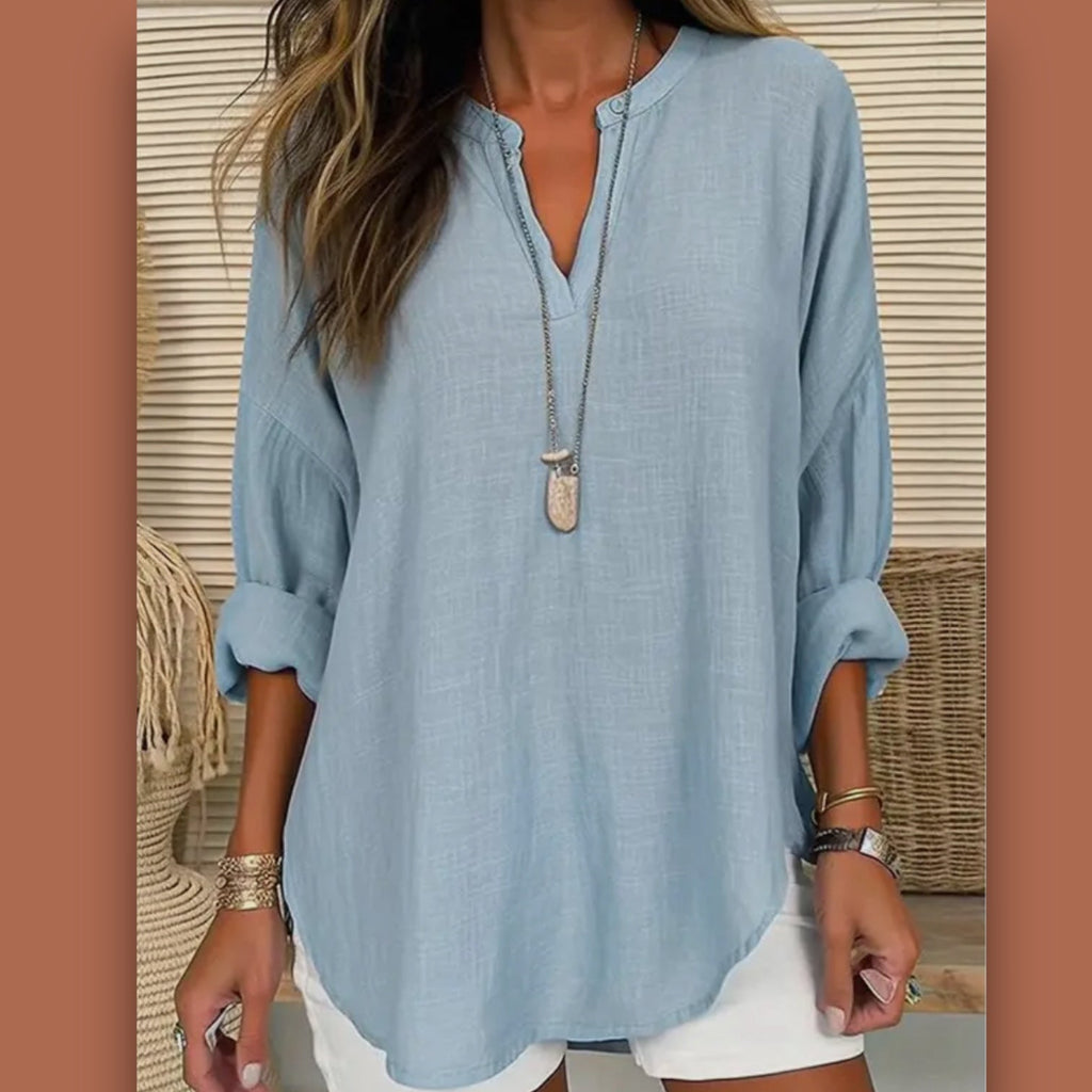 Casual V - neck Linen Top - 260 Broadway Boutique