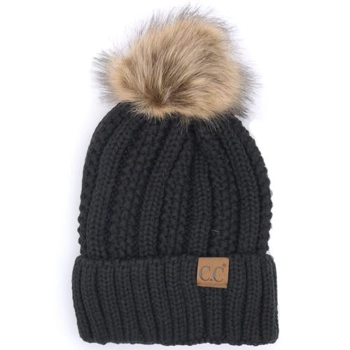 CC Sherpa Lined Beanie w/Faux Fur Pom (Multiple Colors) - 260 Broadway Boutique