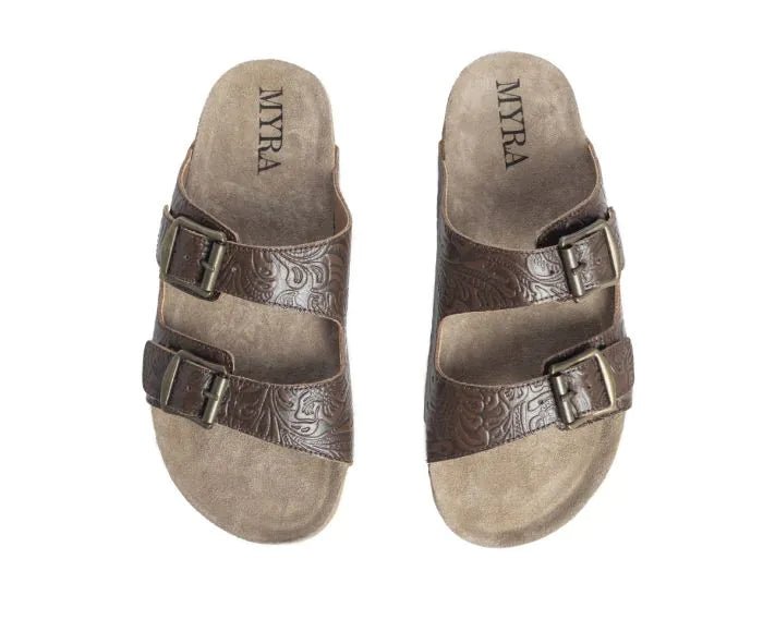 Cedarstone Brown Embossed Leather Sandals - 260 Broadway Boutique