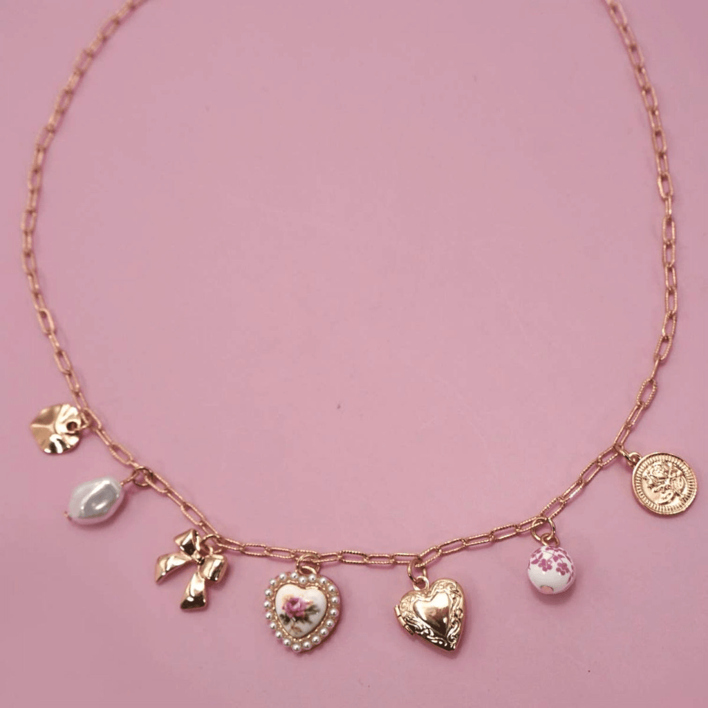 CERAMIC PORCELAIN BOW HEART CHARM LINK NECKLACE - 260 Broadway Boutique