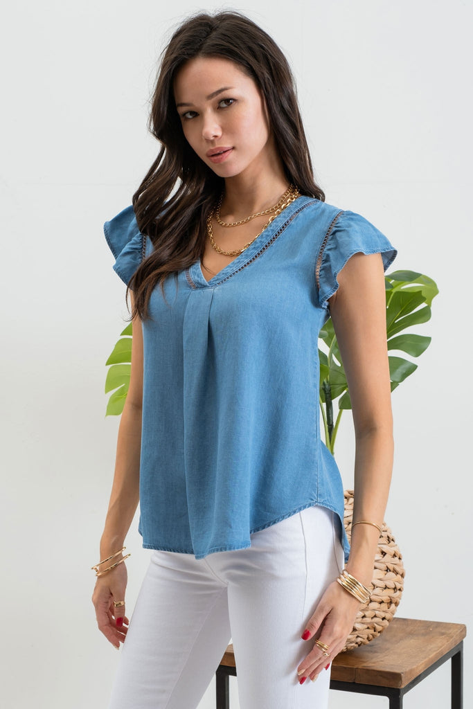 Chambray Back Button Top - 260 Broadway Boutique