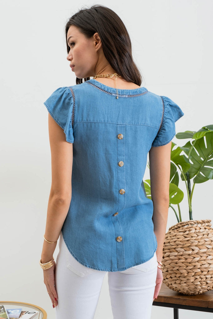 Chambray Back Button Top - 260 Broadway Boutique