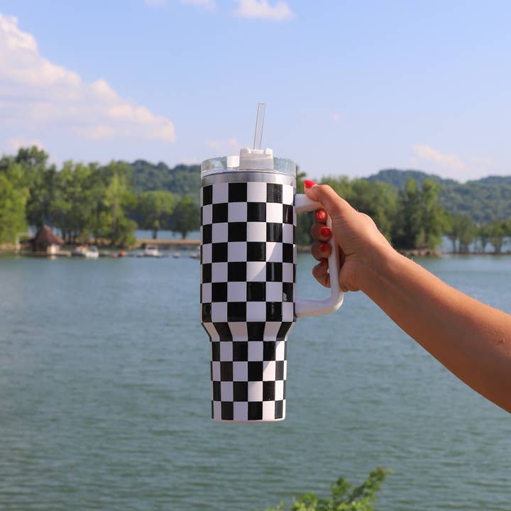 Checkerboard White and Black Tumbler with Handle - 260 Broadway Boutique